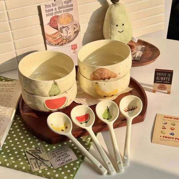 Adorable Cute Fruit Croissant Ceramic Rice Bowl with Spoon set of 4 - Picture 2 of 8